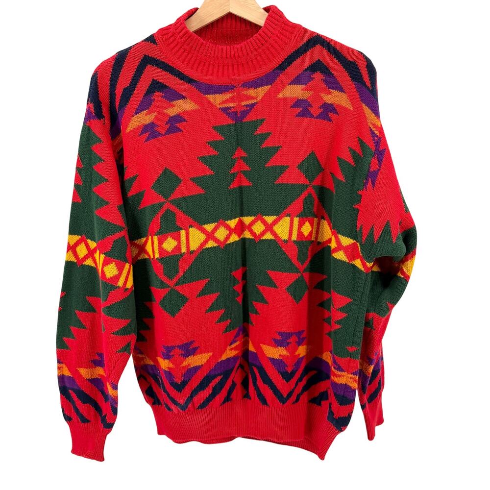 Vintage 80s United Colors of Benetton Red Green 100% Cotton Aztec Sweater